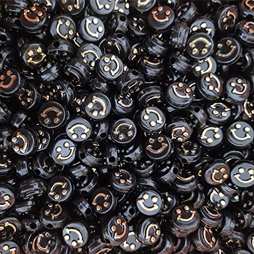 200 Stück Schwarz Acryl Smiley Gesicht Perlen 10mm Pony Scheibenmünze Gold Happy Lächelndes Gesicht Lose Abstandshalter Perlen für DIY Schmuck Armband Handy Anhänger machen von Jaydis