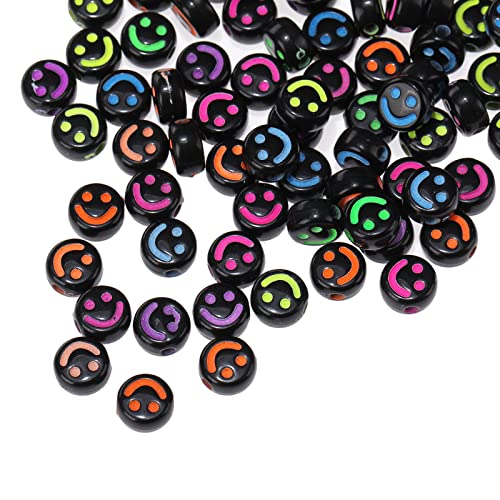 200 Stück Schwarz Acryl Smiley-Perlen 7mm Pony Scheibenmünze Mehrfarben Lächelndes Gesicht Lose Abstandshalterperlen für DIY-Schmuck Armband Handy-Anhänger machen von Jaydis