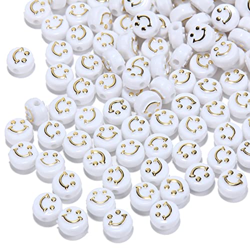 200 Stück Weiß Acryl Smiley Gesicht Perlen 10mm Pony Scheibenmünze Gold Happy Lächelndes Gesicht Lose Abstandshalter Perlen für DIY Schmuck Armband Handy Anhänger machen von Jaydis