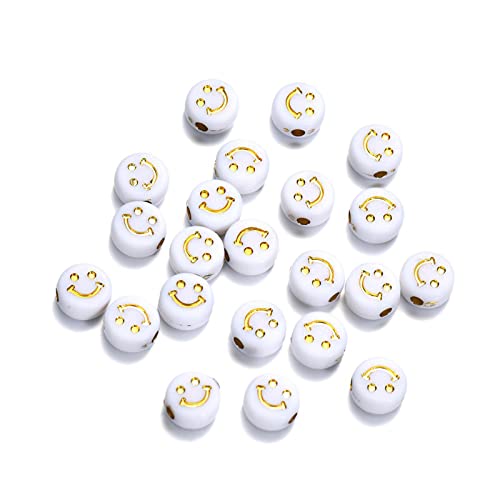 200 Stück weiß Acryl Smiley Gesicht Perlen 10mm Pony Disc Münze vergoldet Lächelndes Gesicht lose Abstandshalter Perlen für DIY Schmuck Armband Handy Anhänger machen von Jaydis