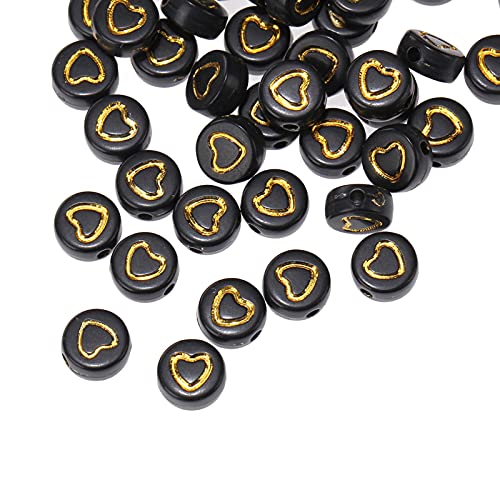 200pcs schwarzes Acryl Herz Perlen 7mm flache runde Pony Disc Coin mit Gold Hollow Heart Pattern lose Abstandshalter Perlen für DIY Armband Schmuck machen von Jaydis