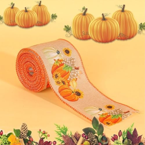 Geschenkband für Thanksgiving, orangefarbenes Kürbisernte-Muster, Büffelkaro, genähte Kanten, Herbstbastelbedarf, Kranzherstellung, Geschenkpapier (C) von Jayruit