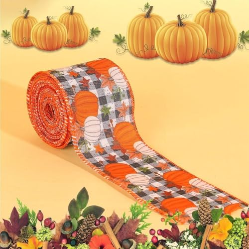 Geschenkband für Thanksgiving, orangefarbenes Kürbisernte-Muster, Büffelkaro, genähte Kanten, Herbstbastelbedarf, Kranzherstellung, Geschenkpapier (E) von Jayruit