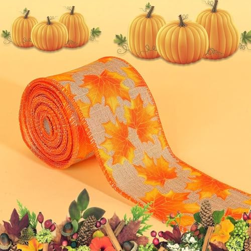 Geschenkband für Thanksgiving, orangefarbenes Kürbisernte-Muster, Büffelkaro, genähte Kanten, Herbstbastelbedarf, Kranzherstellung, Geschenkpapier (G) von Jayruit