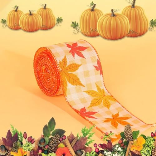 Geschenkband für Thanksgiving, orangefarbenes Kürbiserntemuster, Büffelkaro, genähte Kanten, Herbstbastelbedarf, Kranzherstellung, Geschenkpapier (A) von Jayruit