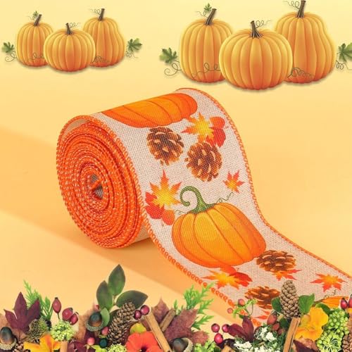 Geschenkband für Thanksgiving, orangefarbenes Kürbiserntemuster, Büffelkaro, genähte Kanten, Herbstbastelbedarf, Kranzherstellung, Geschenkpapier (F) von Jayruit