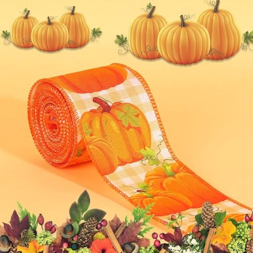 Geschenkband für Thanksgiving, orangefarbenes Kürbiserntemuster, Büffelkaro, genähte Kanten, Herbstbastelbedarf, Kranzherstellung, Geschenkpapier (H) von Jayruit