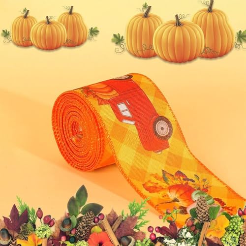 Geschenkband für Thanksgiving, orangefarbenes Kürbiserntemuster, Büffelkaro-Design, genähte Kanten, Herbstbastelbedarf, Kranzherstellung, Geschenkpapier (D) von Jayruit