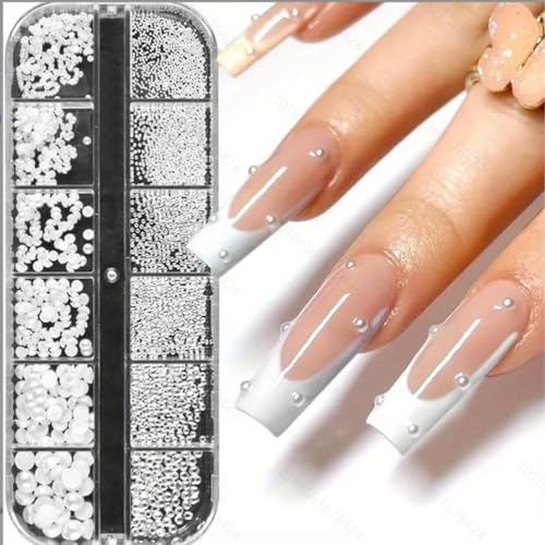 JchEnye 1 Schachtel/12 Fächer Nailart Strasssteine, weiße Nagelperlen, halbrunde Perlenkugeln, Nail Trims, kleine Edelstahlperlen, Kaviarperlen, Damen weiße Flat Back Perlen, Acryl Nail Trims von JchEnye