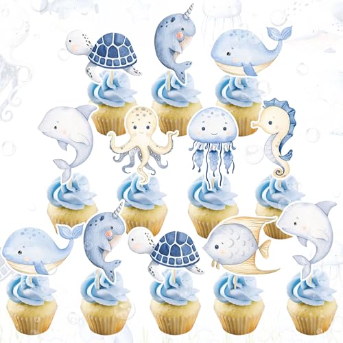 JeVenis 24 PCS Unter dem Meer Kuchen Toppers Ozean Tier Cupcake Toppers Unter dem Meer Party Dekorationen Ozean Meer Thema Babydusche Geburtstag Party Kuchen Dekorationen von JeVenis