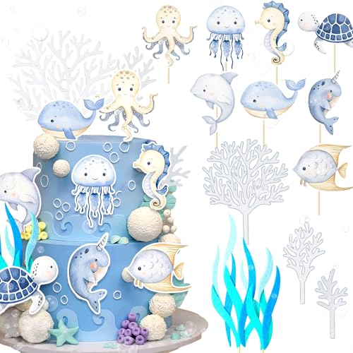 JeVenis 29 PCS unter dem Meer Kuchen Toppers Ocean Animal Cupcake Toppers unter dem Meer Party-Dekorationen Ozean Meer Thema Babydusche Geburtstag Party Kuchen Dekorationen von JeVenis