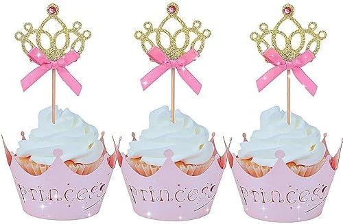 JeVenis 40 PCS Glitzernde Prinzessin Cupcake Toppers Krone Cupcake Wrapper Krone Cupcake Toppers Baby Dusche Cupcake Dekorationen für Geburtstag Party Dekorationen Zubehör von JeVenis