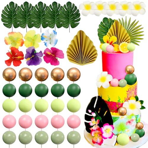 JeVenis 43 PCS Hawaiianische Tortendekorationen Tropische Tortenaufleger Luau Tortenaufleger Moana Tortendekorationen Hibiskus Blumen Tortendekorationen von JeVenis