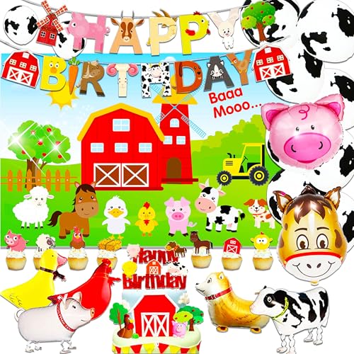 JeVenis Geburtstagsparty Zubehör für Bauernhoftiere Bauernhof Tiere Geburtstags Kulisse Barnyard Geburtstagsparty Zubehör Bauernhof Tiere Party Dekoration Kuh Luftballons Kuchen Dekoration von JeVenis