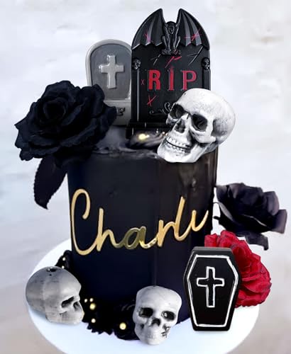 JeVenis schwarz Skull Cake Topper Schwarz Gotisch Deko Gotisch Kuchen Deko Geburtstags Deko Rose Tortendeko Schädel Deko Schwarze Geburtstagstorte Dekoration von JeVenis