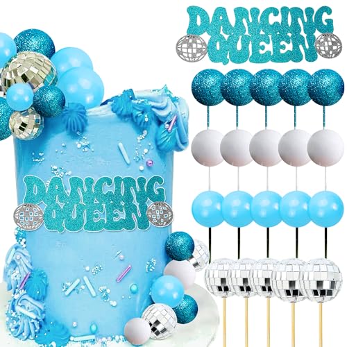 JeVenis Blau Discokugel Cake Topper Dancing Queen Cake Topper 80er Jahre Kuchen Dekorationen Silber Kuchen Kugeln Silber Kuchen Dekorationen Discokugel Cake Toppers von JeVenis