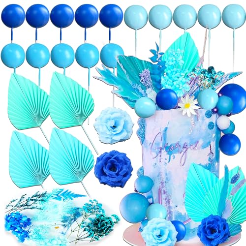 JeVenis Blaue Rose Tortendekoration Tortendeko Kugeln Blau Blätter Boho Tortendekoration Kugeln Disco Kugeln Tortenaufleger für Geburtstag Hochzeit Brautparty Babyparty von JeVenis