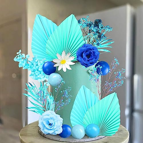 JeVenis Blaue Rose Tortendekoration Tortendeko Kugeln Blau Blätter Boho Tortendekoration Kugeln Disco Kugeln Tortenaufleger für Geburtstag Hochzeit Brautparty Babyparty von JeVenis