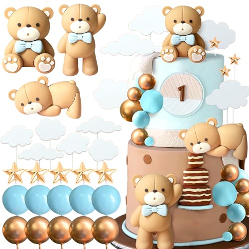 JeVenis Blau Teddybär Tortendeko Blau Tortendeko Teddybär Kuchen Dekoration Tortendeko Taufe Junge Tortendeko Mädchen 1 Jahr für Hochzeit Babyshower Geburtstag Party von JeVenis