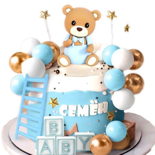 JeVenis Blau Teddybär Tortendeko Tortendeko Taufe Junge Tortendeko Mädchen 1 Jahr Blau Tortendeko Teddybär Kuchen Dekoration für Hochzeit BabysShower Geburtstag Party von JeVenis