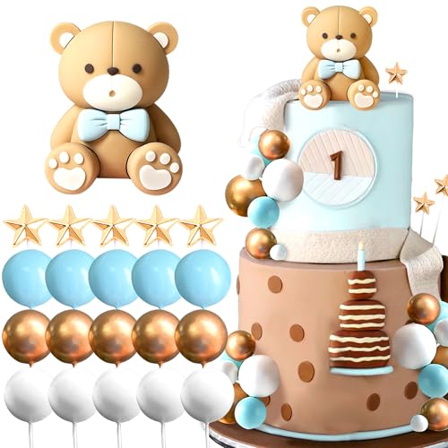 JeVenis Blau Teddybär Tortendeko Tortendeko Taufe Junge Tortendeko Mädchen 1 Jahr Blau Tortendeko Teddybär Kuchen Dekoration für Hochzeit Babyshower Geburtstag Party von JeVenis