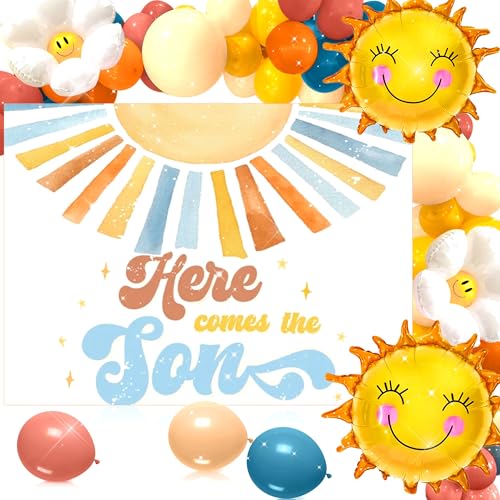 JeVenis Blau und Gelb "Here Comes The Son Baby Shower Decor Here Comes The Son Baby Shower Banner Backdrop Decorations Sunshine Baby Shower Balloons Sun Balloon von JeVenis