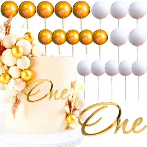 JeVenis Boho Gold Erster Geburtstag Cake Topper Gold Weiße Kugeln Tortenaufleger Gold Eins Tortenaufleger für Gold Boho Sun First Birthday Party Deko Zubehör von JeVenis