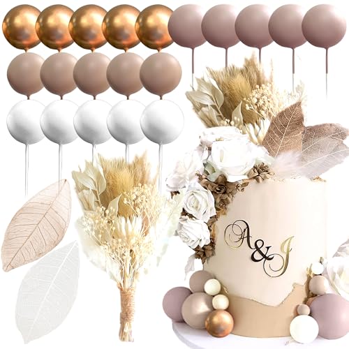 JeVenis Braun Beige Kugeln Boho Kuchen Topper Boho Kuchen Dekorationen Kuchen Blumen Dekorationen Floral Cake Topper Blume Kuchen Topper für Hochzeit Babyparty Geburtstag Party von JeVenis