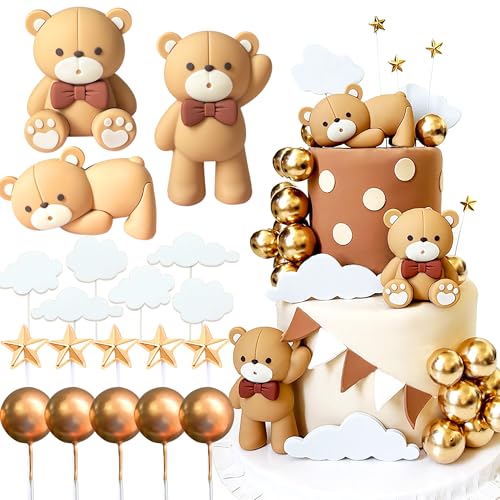 JeVenis Braun Teddybär Tortendeko Braun Tortendeko Teddybär Kuchen Dekoration Tortendeko Taufe Junge Tortendeko Mädchen 1 Jahr für Hochzeit Babyshower Geburtstag Party von JeVenis