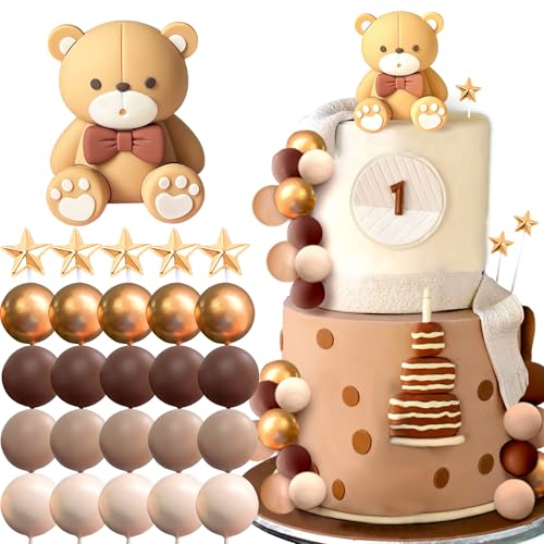 JeVenis Braun Teddybär Tortendeko Tortendeko Mädchen 1 Jahr Tortendeko Taufe Junge Braun Tortendeko Teddybär Kuchen Dekoration für Hochzeit Babyshower Geburtstag Party von JeVenis