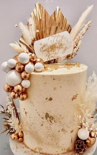 JeVenis Champagner Tortendeko Goldene Kugeln Tortendeko Gold Palmblätter Cake Topper Böhmische Weißgoldkugel für Hochzeit Geburtstag Jubiläum von JeVenis