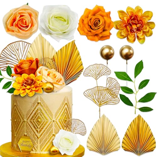 JeVenis Gold Blume Kuchen Dekorationen Palme Bouquet Kuchen Topper Gold Kugeln Getrocknete Blumen Rose Kuchen Dekorationen Getrocknete Blumen für Kuchen Geburtstag Hochzeit von JeVenis