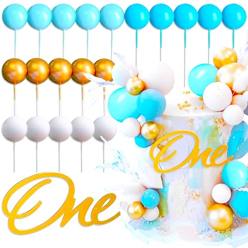 JeVenis Gold First Birthday Cake Topper Gold Blaue Kugeln Kuchentopper Gold One Cake Topper für Sun First Birthday Party Deko Zubehör von JeVenis