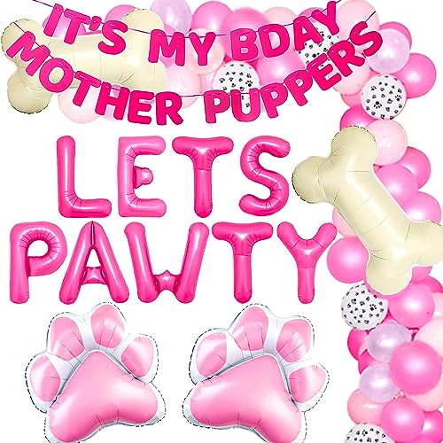 JeVenis Hundegeburtstagsparty Ballon Girlande Kit Welpen Party Dekorationen Lets Pawty Party Supplies Welpen Geburtstag Rosa Hund Geburtstag Dekorationen von JeVenis