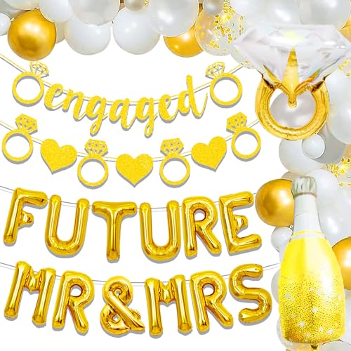 JeVenis Just Married Party Dekorationen Hochzeit Dekor Girlande Weißgold Diamant Ring Banner Ballon Kuchen Topper Cupcake Toppers Hochzeit Party Zubehör für Braut Dusche Party von JeVenis