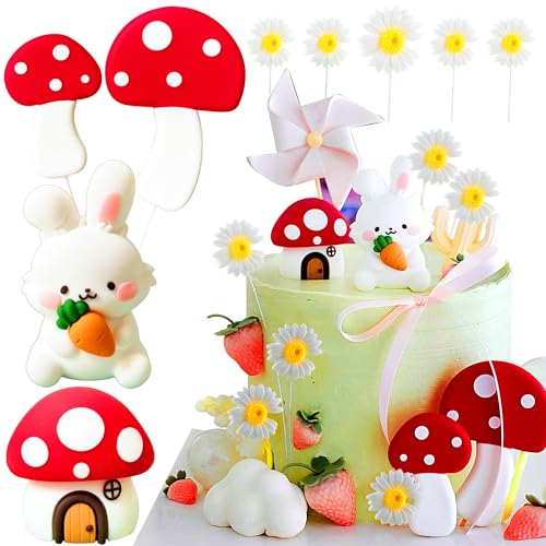 JeVenis Kaninchen Geburtstagskuchen Rabbit Geburtstagstorte Pilz Kuchen Dekoration Pilz Fee Party Supplies von JeVenis