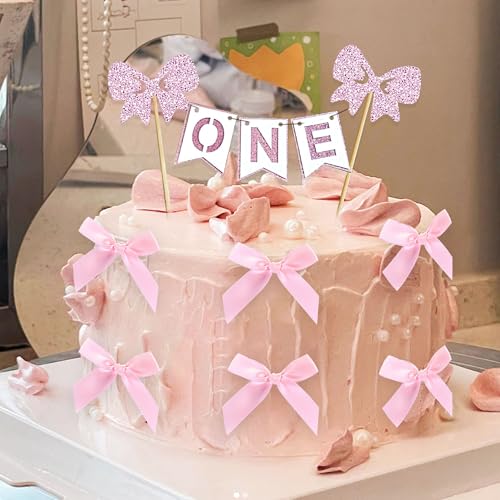 JeVenis Mädchen 1. Geburtstag Kuchen Topper Kokette Geburtstag Kuchen Dekor 1. Geburtstag Mädchen Rosa Schleife Geburtstag Dekoration Rosa Schleife Geburtstag Dekorationen von JeVenis