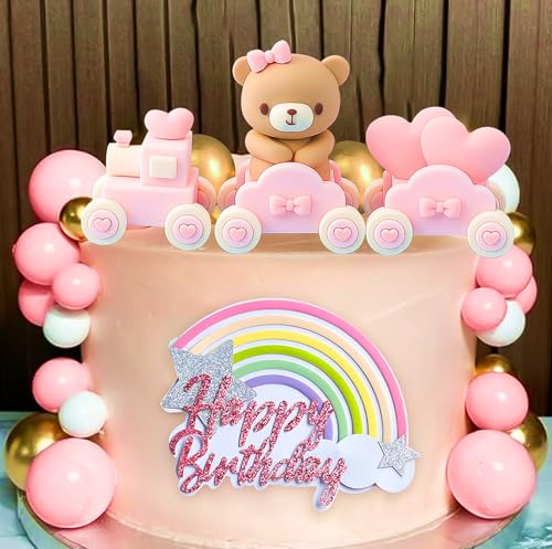 JeVenis Pink Bear Cake Toppers Zugbär Kuchendekoration Rosa Gold Weiß Kugel für Mädchen Babyparty Geburtstag Party Dekorationen von JeVenis