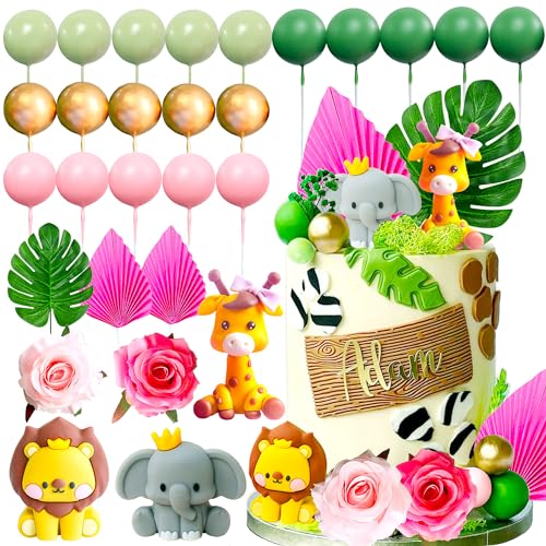 JeVenis Pink Safari Kuchen Dekorationen Mädchen Wilde Kuchen Wilde Kuchen Topper Safari Kuchen Dekorationen Wilde Ein Kuchen Topper 1.Geburtstag Mädchen Zoo Tier Kuchen Toppers von JeVenis