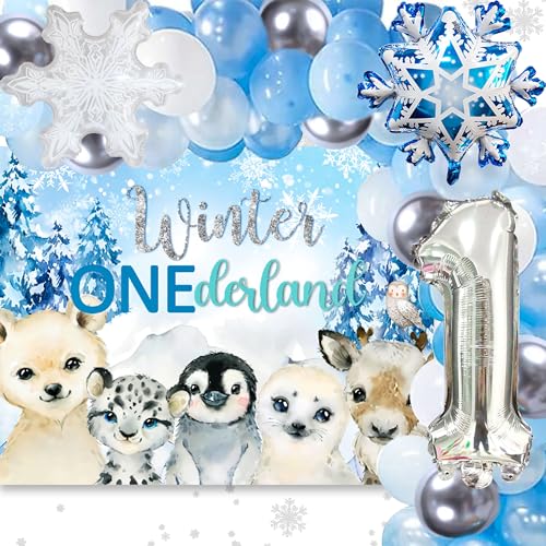 JeVenis Winter Onederland 1 Geburtstag Dekorationen Schneeflocke Dekoration Banner Girlande Ein Hochstuhl Banner Nummer 1 Folienballon Blau Luftballons für Jungen Mädchen Erster von JeVenis