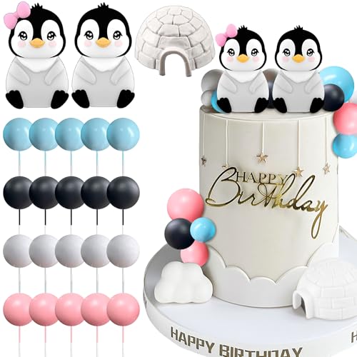 JeVenis Rosa Blau Gender Reveal Cake Toppers Junge oder Mädchen Tortendeko Pinguin Kuchendeko Baby Shower Tortendeko für Winterwunderland von JeVenis