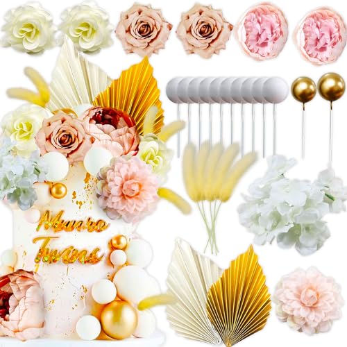 JeVenis Rosa Blume Kuchen Dekorationen Rosa Palme Bouquet Kuchen Topper Gold Kugeln Getrocknete Blumen Rose Kuchen Dekorationen Getrocknete Blumen für Kuchen Geburtstag Hochzeit von JeVenis