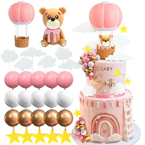 JeVenis Rosa Heißluftballons Bär Kuchen Topper Baby Bär Baby Shower Geburtstag Dekoration von JeVenis