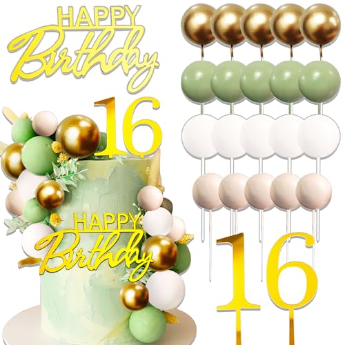 JeVenis Salbeigrün Happy 16 Birthday Cake Decoration 16 Birthday Cake Topper Gold Balls Happy Birthday Sign for Sage Green Birthday Party Supplies Favors von JeVenis