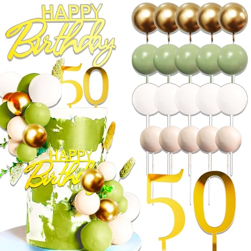 JeVenis Salbeigrün Happy 50 Birthday Cake Decoration 50 Birthday Cake Topper Gold Balls Happy Birthday Sign for Sage Green Birthday Party Supplies Favors von JeVenis