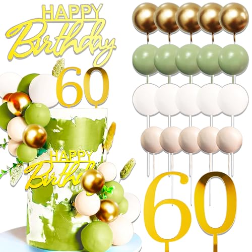 JeVenis Salbeigrün Happy 60 Birthday Kuchen Dekoration 60 Geburtstag Kuchen Topper Gold Kugeln Happy Birthday Schild für Salbeigrün Geburtstag Party Supplies Favors von JeVenis