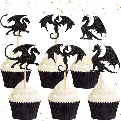 JeVenis 24 PCS Drachen Cupcake Topper Drachenkuchen Dekoration Drachen Ritter Geburtstag Märchen Cupcake Topper Drachen Geburtstag Drachen Party Picks von JeVenis