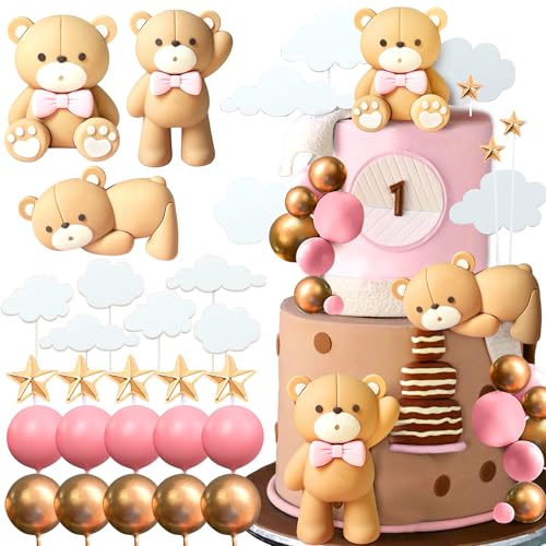 JeVenis Teddybär Tortendeko Tortendeko Mädchen 1 Jahr Tortendeko Taufe Junge Rosa Tortendeko Teddybär Kuchen Dekoration für Hochzeit Babyshower Geburtstag Party von JeVenis