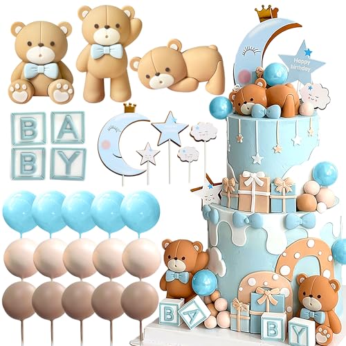 JeVenis Teddybär Tortendeko Tortendeko Taufe Junge Tortendeko Mädchen 1 Jahr Blau Tortendeko Teddybär Kuchen Dekoration für Hochzeit Geburtstag Party Babyshower von JeVenis