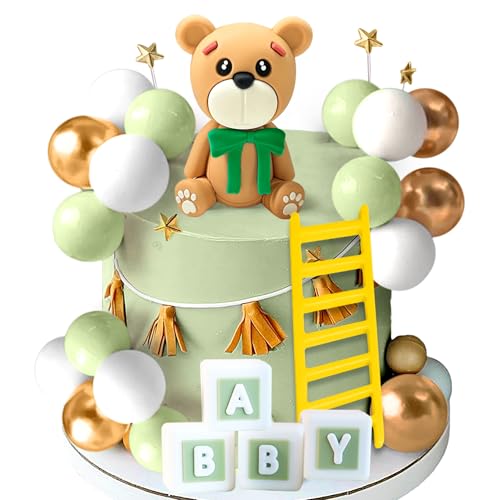 JeVenis Teddybär Tortendeko Tortendeko Taufe Junge Tortendeko Mädchen 1 Jahr Grün Tortendeko Teddybär Kuchen Dekoration für Hochzeit Babyshower Geburtstag Party von JeVenis